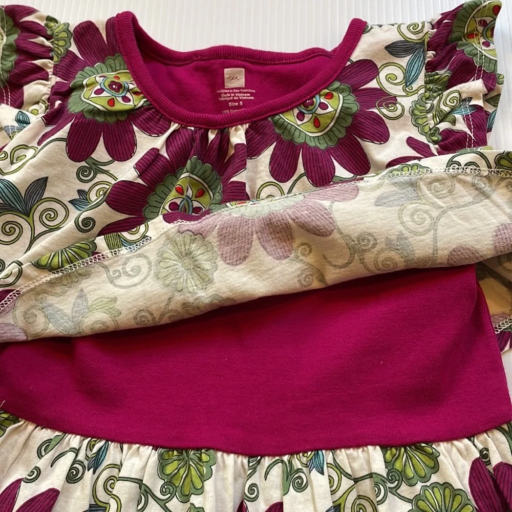 Tea cap sleeve off white with burgundy and green flowered dress, girls size 5